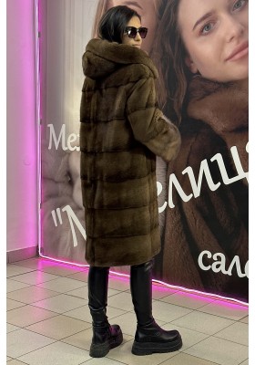 Шуба норковая «Френч» поперечный крой с капюшоном (Орех) Шуба норковая «Френч» поперечный крой с капюшоном (Орех)