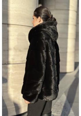 Шуба норковая «Автоледи» поперечный крой с капюшоном (Черный) Шуба норковая «Автоледи» поперечный крой с капюшоном (Черный)