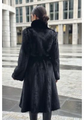Шуба норковая «Халат ScanBlack» со стойкой и поясом (СканБлэк)