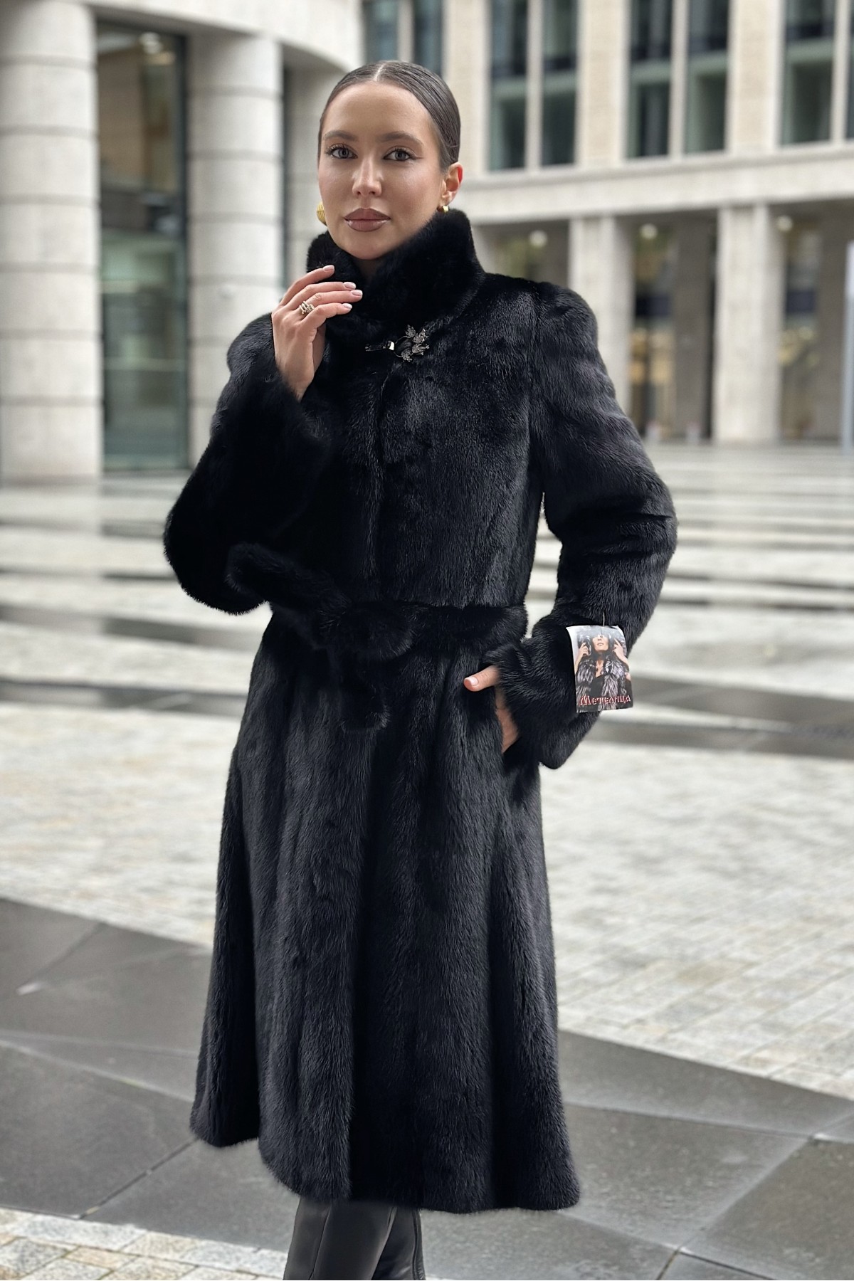 Шуба норковая «Халат ScanBlack» со стойкой и поясом (СканБлэк)