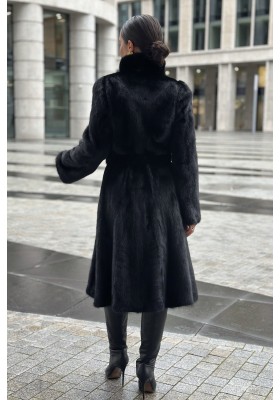 Шуба норковая «Халат ScanBlack» со стойкой и поясом (СканБлэк)