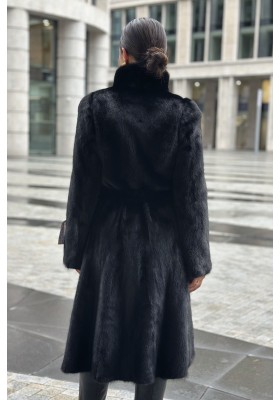 Шуба норковая «Халат ScanBlack» со стойкой и поясом (СканБлэк)
